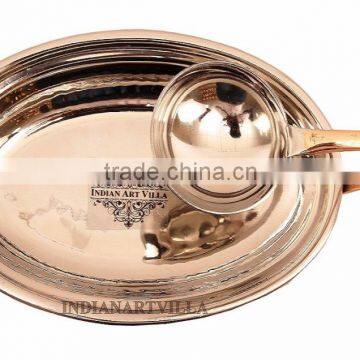 IndianArtVilla Steel Copper Platter With Attached Bowl 450 ML - Serving Dishes Indian Food Home Hotel Restaurant Tableware Serve