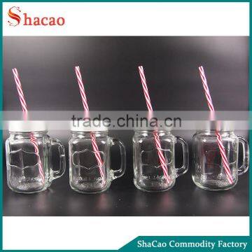 Set Of 4Pcs Drinking Mugs Glass Mason Jars With Lids And Straws