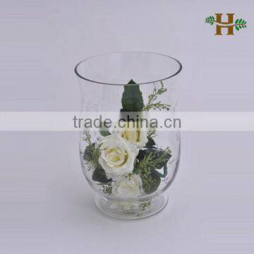 Handblown flared opening round engraved flower hurricane lamp vase