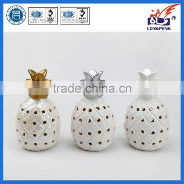 Traditional White and Gold Ceramic Pineapple Votive LED Light Candle Holder Mat Finish