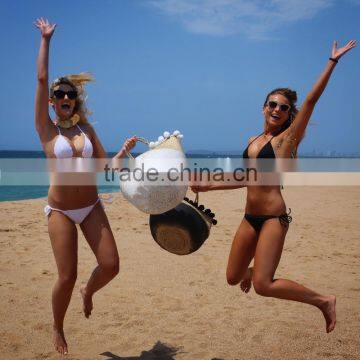 Tiny Black and White Pompom Chain Beach Bag, Pompom Belly Seagrass Basket photo-5