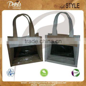 Transparent bag jute gift bag with jute self handle - self branding bag porduct brand display from window