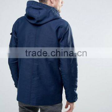 2017 Best Price Durable Press-Stud Fastening Drawstring Hood 100% Cotton Twill Navy Casual Men Winter Jacket photo-2