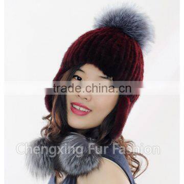 CX-C-42A Hand Knitted Mink/ Silver Fox Fur Pom Pom Hot Sale Lady Hat Wholesale photo-5
