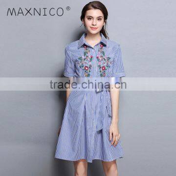 Maxnegio summer striped hand embroidered dress for office lady