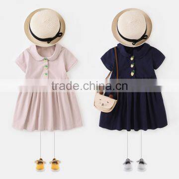 Solid Pink Dress Pineapple Button Peter Pan Collar Kids Frock Designs Short Sleeve Dress photo-4
