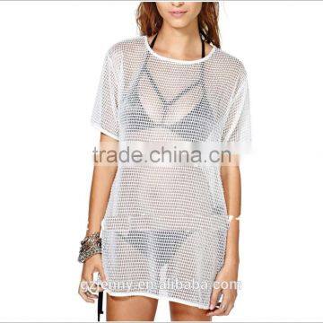 Custom Women Simple Design White Mesh Beach Loose Crochet Dress Hollow Tunic Beach Cover Up photo-2