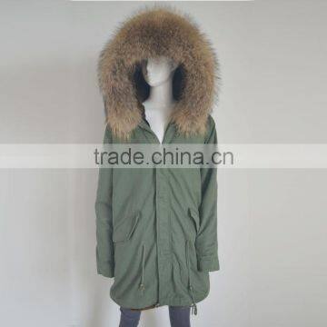 Myfur Long Parka with Detachable Raccoon Fur Hood Navy Fur Trimmed