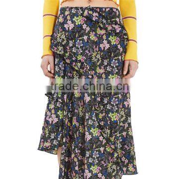 2017 OEM Asymmetrical Pleated Flower-printed High Waisted Skirts photo-3