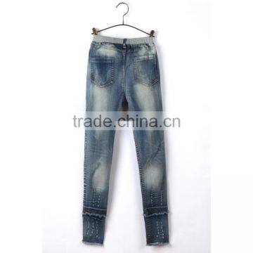 Cheap New Style Fray Hem Comfortable Light Blue Lace Stitched Slim Fit New Design Jeans for Girls photo-2