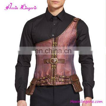 Custom One Shoulder Two Pockets Body Shaper Brown Corset 8 Steel Boned For Men