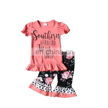 Short Sleeve Summer Kids Girls Outfits Floral Capri Children Clothes Sets