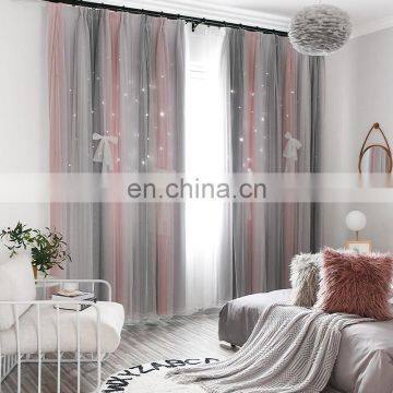 2020 Amazon Hot Selling Polyester Striped Double Lace Hollow-out Star Design Blackout Window Curtains For Bedroom Living Room photo-2