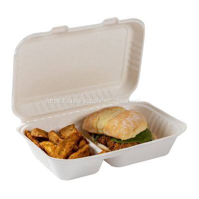 China wholesale Bagasse Clamshell Lunch Box 2 Compartment 9x6 inch White Lunch Box