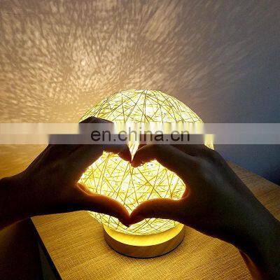 French Rattan Table Lamp Shade Night Light Creative Wood Base Led Rattan Ball Table Lamp