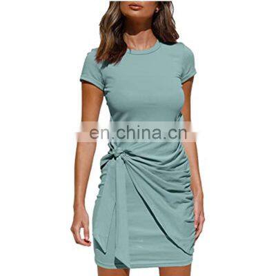 Manufacturers Wholesale Women's Irregular Dress Short Sleeve Round Neck Pleated Bow Belt Slim photo-5