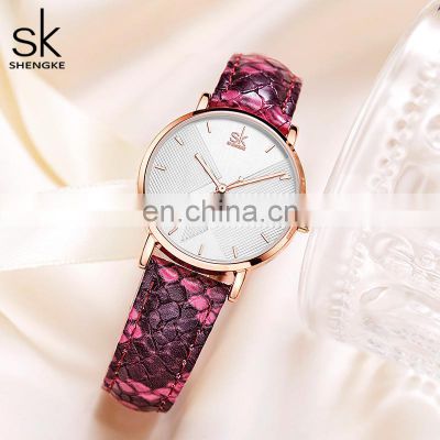 SHENGKE Maiden Plum Wristwatches Grape PU Strap Watch Water Proof Handwatch Alloy Case Lady Pretty Watch