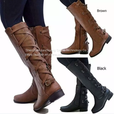 Women Fashion Winter Low Heel Belt Buckle Riding Leather Boots Knee High Cowboy Boots