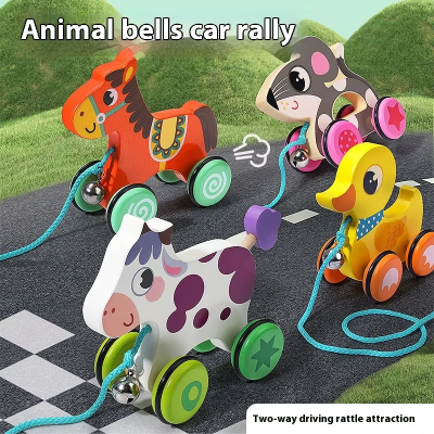 Solid Wood Animal Bell Car Toy for Boys Girls Hand-Pull Traction Rope Cute Style for Toddler Training Hand-Eye Coordination