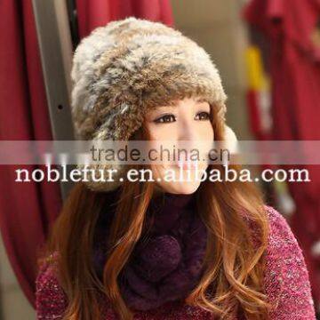 elegant lady rabbit fur female hat with two baggy fur ball around ears