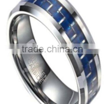 Mens tungsten wedding ring with blue carbon fiber, comfort fit inside