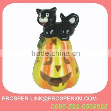 Halloween ceramic cat with pumpkin tealight/candle holder