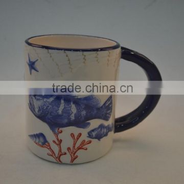 Marine series of embossed 3D ceramic /porcelain straight mug with spoon