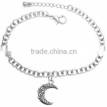 Crescent Moon Charm With Antiqued Swirl Pattern Charm Chain Link Bracelet