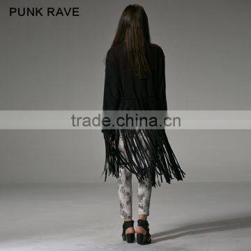 PY-086 Gothic Autumn Turn-down Collar Fitted Micro Suede Ladies Tassel Coats photo-3