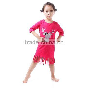 Kids Chothes Yiwu Kaiya Cotton Wholesale Deer with Hot Pink Fringe Dress Girls Frocks