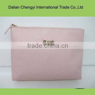 High quality chic light pink pu leather makeup bag with bowknot