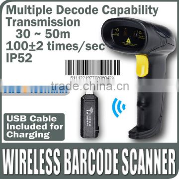 Reader POS Cordless Rechargeable 30~50m 2.4GHz Laser USB Wireless Barcode Scanner