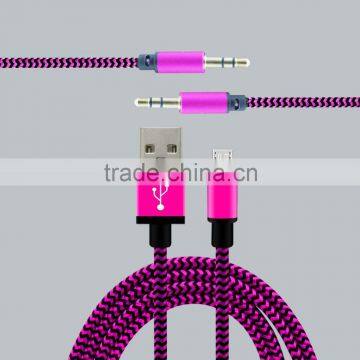 2016 new arrival audio Stereo Cable 6FT, 3.5mm Braided Stereo Aux Cable and braided 6ft USB Cable for iPhone