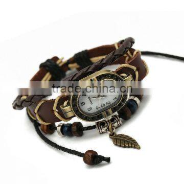 2014 New Design Antique Genuine Leather Bracelet Watch With Leaf Charm LCB 033