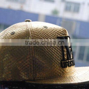 5panel snake leather puff embroidery strapback hats/ custom 3D embroidery hat