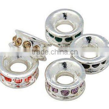 Alloy Rhinestone Beads, Grade "A", Donut, Silver, Multicolor, about 8.4x4mm, hole: 3.5mm(ALRI-Q037-M)
