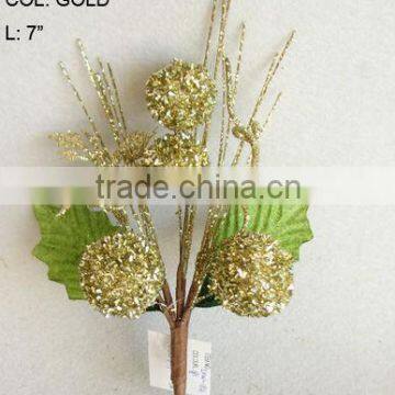 2014 Popular Artificial Christmas Gold Flower Pick 7" Artificial Fruit Ball Flower With Berries