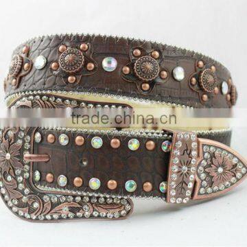 2016 Hot Sale Western rhinestone leather belt with conchos and crystal