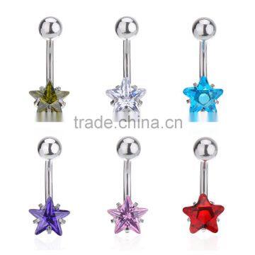 Multi Color Five-Pointed Star Shape Zircon Inlay Non-dangle Belly Button Naval Ring.