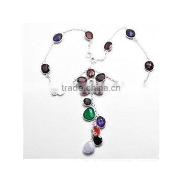 Natural Amethyst and Green Onyx and Rainbow Moonstone and Ruby and Carnelian and Black Onyx 18 Sterling Silver Necklace