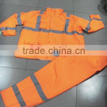 high visibility orange reflective safety rainsuit