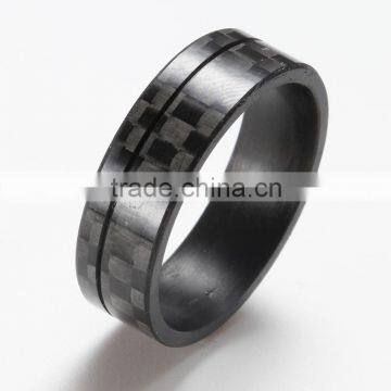 Pure carbon fiber wedding band for men wholesale black grooved carbon fiber ring