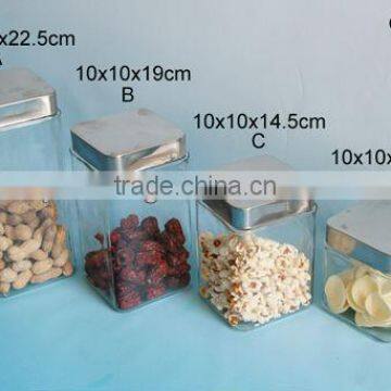 clear square glass storage grain jar with metal lid/plastic lids