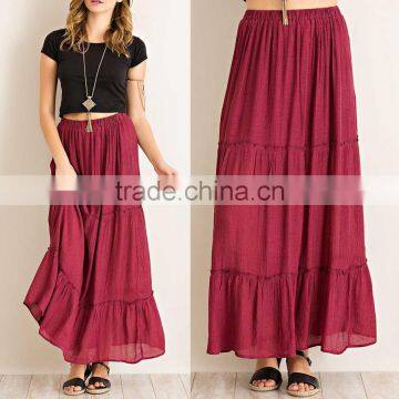 Long Skirt Models Elastic Waist Solid Crinkle Tiered Maxi Skirt Party Wear Long Skirts