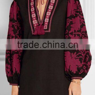 Ukrainian Boho Clothing Embroidered Cotton Mini Dress Machine Embroidery Intricate Plum Pattern And Tasseled Ties 2016 HSD5690 photo-2