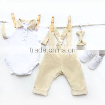 Most Popular 100% Cotton Tops and Beige Shortall Baby Clothes For Kids Boy With Bow Tie