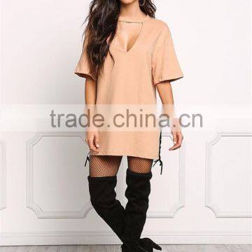 MGOO Fashion Custom Made 95% Cotton 5% Spandex 220g Nude V Cut Out Side Lace Up Shirts Tunic Tops photo-3