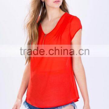 Wholesale Pleated Front Short Sleeves Tee Shirt Cheap Zipper Women Tee photo-2