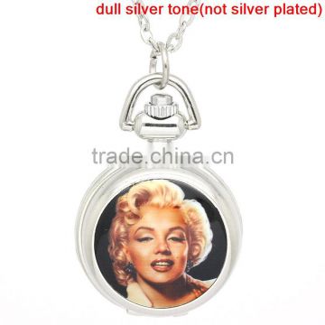 Pocket Watches Round Silver Tone W/ Marilyn Monroe Picture 79.5cm long(31 2/8"),1pc,8seasons