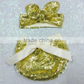 Wholesale Gold baby romper set Sequin Shorts with Headband pom pom bloomers